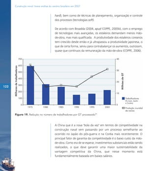 Construção naval: breve análise do cenário brasileiro em 2007


                                           hard), bem como de técnicas de planejamento, organização e controle
                                           dos processos (tecnologias soft).

                                           De acordo com Broadda (2004, apud COPPE, 2005b), com o emprego
                                           de tecnologias mais avançadas, os estaleiros demandam menos mão-
                                           de-obra, mas mais qualificada. A produtividade dos estaleiros coreanos
                                           tem crescido desde então e já ultrapassou a produtividade japonesa, o
                                           que de certa forma, serviu para contrabalançar os aumentos, outrossim,
                                           quase que contínuos da remuneração da mão-de-obra (COPPE, 2006).




122




      Figura 19. Redução no número de trabalhadores por GT processado84


                                           A China que é a nova "bola da vez" em termos de competitividade na
                                           construção naval vem passando por um processo semelhante ao
                                           ocorrido no Japão do pós-guerra e na Coréia mais recentemente. O
                                           principal fator de garantia da competitividade é o baixo custo da mão-
                                           de-obra. Como era de se esperar, investimentos substanciais estão sendo
                                           realizados, o que deve garantir uma maior sustentabilidade da
                                           vantagem competitiva da China, que nesse momento está
                                           fundamentalmente baseada em baixos salários.
 