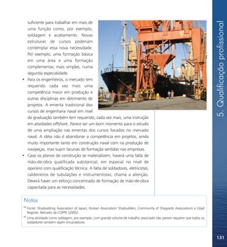 5. Qualificação profissional
  suficiente para trabalhar em mais de
  uma função como, por exemplo,
  soldagem e acabamento. Novas
  estruturas de cursos poderiam
  contemplar essa nova necessidade.
  Por exemplo, uma formação básica
  em uma área e uma formação
  complementar, mais simples, numa
  segunda especialidade.
• Para os engenheiros, o mercado tem
  requerido cada vez mais uma
  competência maior em produção e
  outras disciplinas em detrimento de
  projetos. A ementa tradicional dos
  cursos de engenharia naval em nível
  de graduação também tem requerido, cada vez mais, uma instrução
  em atividades offshore. Parece ser um bom momento para o estudo
  de uma ampliação nas ementas dos cursos focados no mercado
  naval. A idéia não é abandonar a competência em projetos, ainda
  muito importante tanto em construção naval com na produção de
  navipeças, mas suprir lacunas de formação sentidas nas empresas.
• Caso os planos de construção se materializem, haverá uma falta de
  mão-de-obra qualificada substancial, em especial no nível de
  operário com qualificação técnica. A falta de soldadores, eletricistas,
  caldeireiros de tubulações e instrumentistas, chama a atenção.
  Deverá haver um esforço concentrado de formação de mão-de-obra
  capacitada para as necessidades.


 Notas
 84
      Fonte: Shipbuilding Association of Japan, Korean Association Shipbuilders, Community of Shipyards Associations e Lloyd
      Register. Retirado de COPPE (2005).
 85
      Uma atividade como soldagem, por exemplo, com grande volume de trabalho associado não parece requerer que todos os
      soldadores também sejam encanadores.



                                                                                                                               131
 