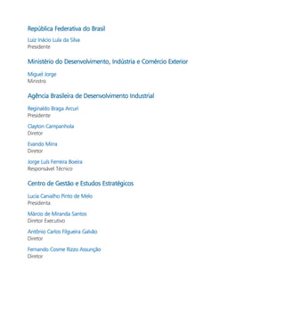 República Federativa do Brasil
Luiz Inácio Lula da Silva
Presidente

Ministério do Desenvolvimento, Indústria e Comércio Exterior
Miguel Jorge
Ministro

Agência Brasileira de Desenvolvimento Industrial
Reginaldo Braga Arcuri
Presidente

Clayton Campanhola
Diretor

Evando Mirra
Diretor

Jorge Luís Ferreira Boeira
Responsável Técnico

Centro de Gestão e Estudos Estratégicos
Lucia Carvalho Pinto de Melo
Presidenta

Márcio de Miranda Santos
Diretor Executivo

Antônio Carlos Filgueira Galvão
Diretor

Fernando Cosme Rizzo Assunção
Diretor
 