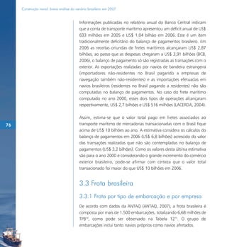 Construção naval: breve análise do cenário brasileiro em 2007


                                          Informações publicadas no relatório anual do Banco Central indicam
                                          que a conta de transporte marítimo apresentou um déficit anual de US$
                                          693 milhões em 2005 e US$ 1,04 bilhão em 2006. Este é um item
                                          tradicionalmente deficitário do balanço de pagamentos brasileiro. Em
                                          2006 as receitas oriundas de fretes marítimos alcançaram US$ 2,87
                                          bilhões, ao passo que as despesas chegaram a US$ 3,91 bilhões (BCB,
                                          2006), o balanço de pagamento só são registradas as transações com o
                                          exterior. As exportações realizadas por navios de bandeira estrangeira
                                          (importadores não-residentes no Brasil pagando a empresas de
                                          navegação também não-residentes) e as importações efetuadas em
                                          navios brasileiros (residentes no Brasil pagando a residentes) não são
                                          computadas no balanço de pagamentos. No caso do frete marítimo
                                          computado no ano 2000, esses dois tipos de operações alcançaram
                                          respectivamente, US$ 2,7 bilhões e US$ 516 milhões (LACERDA, 2004).

                                          Assim, estima-se que o valor total pago em fretes associados ao
76                                        transporte marítimo de mercadorias transacionadas com o Brasil fique
                                          acima de US$ 10 bilhões ao ano. A estimativa considera os cálculos do
                                          balanço de pagamentos em 2006 (US$ 6,8 bilhões) acrescido do valor
                                          das transações realizadas que não são contempladas no balanço de
                                          pagamentos (US$ 3,2 bilhões). Como os valores desta última estimativa
                                          são para o ano 2000 e considerando o grande incremento do comércio
                                          exterior brasileiro, pode-se afirmar com certeza que o valor total
                                          transacionado foi maior do que US$ 10 bilhões em 2006.


                                          3.3 Frota brasileira
                                          3.3.1 Frota por tipo de embarcação e por empresa
                                          De acordo com dados da ANTAQ (ANTAQ, 2007), a frota brasileira é
                                          composta por mais de 1.500 embarcações, totalizando 6,68 milhões de
                                          TPB74, como pode ser observado na Tabela 1275. O grupo de
                                          embarcações inclui tanto navios próprios como navios afretados.
 
