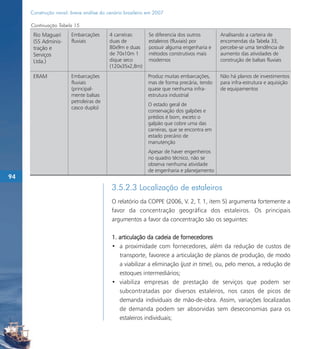 Construção naval: breve análise do cenário brasileiro em 2007

     Continuação Tabela 15
      Rio Maguari      Embarcações       4 carreiras:      Se diferencia dos outros       Analisando a carteira de
      (SS Adminis-     fluviais          duas de           estaleiros (fluviais) por      encomendas da Tabela 33,
      tração e                           80x9m e duas      possuir alguma engenharia e    percebe-se uma tendência de
      Serviços                           de 70x10m 1       métodos construtivos mais      aumento das atividades de
      Ltda.)                             dique seco        modernos                       construção de balsas fluviais
                                         (120x35x2,8m)
      ERAM             Embarcações                        Produz muitas embarcações,      Não há planos de investimentos
                       fluviais                           mas de forma precária, tendo    para infra-estrutura e aquisição
                       (principal-                        quase que nenhuma infra-        de equipamentos
                       mente balsas                       estrutura industrial
                       petroleiras de
                                                          O estado geral de
                       casco duplo)
                                                          conservação dos galpões e
                                                          prédios é bom, exceto o
                                                          galpão que cobre uma das
                                                          carreiras, que se encontra em
                                                          estado precário de
                                                          manutenção
                                                          Apesar de haver engenheiros
                                                          no quadro técnico, não se
                                                          observa nenhuma atividade
                                                          de engenharia e planejamento
94
                                          3.5.2.3 Localização de estaleiros
                                          O relatório da COPPE (2006, V. 2, T. 1, item 5) argumenta fortemente a
                                          favor da concentração geográfica dos estaleiros. Os principais
                                          argumentos a favor da concentração são os seguintes:

                                          1. articulação da cadeia de fornecedores
                                          • a proximidade com fornecedores, além da redução de custos de
                                             transporte, favorece a articulação de planos de produção, de modo
                                             a viabilizar a eliminação (just in time), ou, pelo menos, a redução de
                                             estoques intermediários;
                                          • viabiliza empresas de prestação de serviços que podem ser
                                             subcontratadas por diversos estaleiros, nos casos de picos de
                                             demanda individuais de mão-de-obra. Assim, variações localizadas
                                             de demanda podem ser absorvidas sem deseconomias para os
                                             estaleiros individuais;
 