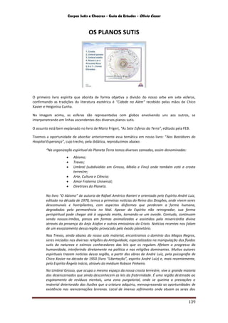 Corpos Sutis e Chacras - Guia de Estudos - Olivio Cezar
139
OS PLANOS SUTIS
O primeiro livro espírita que aborda de forma objetiva a divisão do nosso orbe em sete esferas,
confirmando as tradições da literatura esotérica é "Cidade no Além" recebido pelas mãos de Chico
Xavier e Heigorina Cunha.
Na imagem acima, as esferas são representadas com globos envolvendo uns aos outros, se
interpenetrando em linhas ascendentes dos diversos planos sutis.
O assunto está bem explanado no livro de Mário Frigeri, “As Sete Esferas da Terra”, editado pela FEB.
Tivemos a oportunidade de abordar anteriormente essa temática em nosso livro: “Nos Bastidores do
Hospital Esperança”, cujo trecho, pela didática, reproduzimos abaixo:
“Na organização espiritual do Planeta Terra temos diversas camadas, assim denominadas:
 Abismo;
 Trevas;
 Umbral (subdividido em Grosso, Médio e Fino) onde também está a crosta
terrestre;
 Arte, Cultura e Ciência;
 Amor Fraterno Universal;
 Diretrizes do Planeta.
No livro “O Abismo” de autoria de Rafael Américo Ranieri e orientado pelo Espírito André Luiz,
editado na década de 1970, temos a primeiras notícias do Reino dos Dragões, onde vivem seres
descomunais e horripilantes, com aspectos disformes que perderam a forma humana,
degradados pela permanência no Mal. Apesar do Espírito não retrogradar, sua forma
perispiritual pode chegar até à segunda morte, tornando-se um ovoide. Contudo, continuam
sendo nossos irmãos, presos em formas animalizadas e assistidos pela misericórdia divina
através da presença do Anjo Atafon e outros emissários do Cristo. Notícias recentes nos falam
de um esvaziamento dessa região provocado pelo êxodo planetário.
Nas Trevas, ainda abaixo do nosso solo material, encontramos o domínio dos Magos Negros,
seres iniciados nas diversas religiões da Antiguidade, especializados na manipulação dos fluidos
sutis da natureza e exímios conhecedores das leis que os regulam. Afetam o progresso da
humanidade, interferindo diretamente na política e nas religiões dominantes. Muitos autores
espirituais trazem notícias dessa região, a partir das obras de André Luiz, pela psicografia de
Chico Xavier na década de 1950 (livro “Libertação”, espírito André Luiz) e, mais recentemente,
pelo Espírito Ângelo Inácio, através do médium Robson Pinheiro.
No Umbral Grosso, que ocupa o mesmo espaço da nossa crosta terrestre, vive a grande maioria
dos desencarnados que ainda desconhecem as leis da fraternidade. É uma região destinada ao
esgotamento de resíduos mentais, uma zona purgatorial, onde se queima a prestações o
material deteriorado das ilusões que a criatura adquiriu, menosprezando as oportunidades de
existência nas reencarnações terrenas. Local de imenso sofrimento onde atuam os seres dos
 