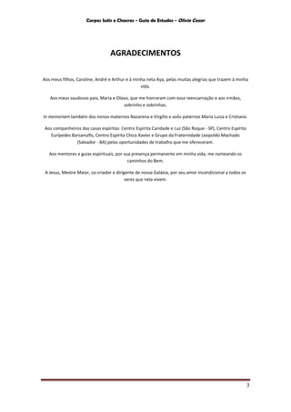 Corpos Sutis e Chacras - Guia de Estudos - Olivio Cezar
3
AGRADECIMENTOS
Aos meus filhos, Caroline, André e Arthur e à minha neta Aya, pelas muitas alegrias que trazem à minha
vida.
Aos meus saudosos pais, Maria e Olavo, que me honraram com essa reencarnação e aos irmãos,
sobrinho e sobrinhas.
In memoriam também dos nonos maternos Nazarena e Virgílio e avôs paternos Maria Luiza e Cristiano.
Aos companheiros das casas espíritas: Centro Espírita Caridade e Luz (São Roque - SP), Centro Espírita
Eurípedes Barsanulfo, Centro Espírita Chico Xavier e Grupo da Fraternidade Leopoldo Machado
(Salvador - BA) pelas oportunidades de trabalho que me ofereceram.
Aos mentores e guias espirituais, por sua presença permanente em minha vida, me norteando os
caminhos do Bem.
A Jesus, Mestre Maior, co-criador e dirigente de nossa Galáxia, por seu amor incondicional a todos os
seres que nela vivem.
 