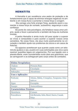 Guia das Pedras e Cristais - Mini Enciclopédia
31
Visite Nosso Site: www.cristaisaquarius.com.br
HEMATITA
A Hematita é por excelência uma pedra de proteção e de
fortalecimento que é capaz de eliminar energias negativas no am-
biente e em nossa Aura e aumentar a nossa força e coragem.
Ela carrega uma forte energia Yang, ajudando assim a au-
mentar a nossa força de vontade, autoestima, segurança e auto-
confiança.
Do ponto de vista psicológico, ela fortalece nosso amor pró-
prio, ajuda a focar o pensamento e também dá força às mulheres
tímidas.
A pedra Hematita é ainda muito útil para ajudar a superar
os vícios e compulsões e para auxiliar a superar nossos erros
cometidos. No corpo físico, ela atua muito positivamente na cir-
culação e também ajuda nos problemas da coluna e em casos de
fraturas.
Os egípcios acreditavam que quando usada como um talis-
mã ela ajudava o seu usuário em suas solicitações aos reis e para
resolver questões legais em julgamentos. Por sua ligação com o
planeta Marte, eram consideradas muito úteis aos guerreiros, que
as carregavam e as esfregavam pelo corpo antes de combates.
Efeitos Terapêuticos
Chakras Primeiro Raiz
Saúde Circulação
Indicações Alcoolismo
Usos e Aplicações
Profissão Atletas, Babás, Cirurgiões, Terapeutas Alter-
nativos
Signo Escorpião
Energia Autoconfiança
Características Técnicas
Ocorrência Comum
Procedência Grã-Bretanha, Itália, Brasil, Suécia, Canadá,
Suíça
 
