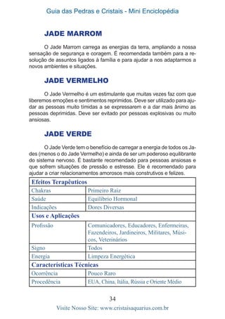 Guia das Pedras e Cristais - Mini Enciclopédia
34
Visite Nosso Site: www.cristaisaquarius.com.br
Jade Marrom
O Jade Marrom carrega as energias da terra, ampliando a nossa
sensação de segurança e coragem. É recomendada também para a re-
solução de assuntos ligados à família e para ajudar a nos adaptarmos a
novos ambientes e situações.
Jade Vermelho
O Jade Vermelho é um estimulante que muitas vezes faz com que
liberemos emoções e sentimentos reprimidos. Deve ser utilizado para aju-
dar as pessoas muito tímidas a se expressarem e a dar mais ânimo as
pessoas deprimidas. Deve ser evitado por pessoas explosivas ou muito
ansiosas.
Jade Verde
O Jade Verde tem o benefício de carregar a energia de todos os Ja-
des (menos o do Jade Vermelho) e ainda de ser um poderoso equilibrante
do sistema nervoso. É bastante recomendado para pessoas ansiosas e
que sofrem situações de pressão e estresse. Ele é recomendado para
ajudar a criar relacionamentos amorosos mais construtivos e felizes.
Efeitos Terapêuticos
Chakras Primeiro Raiz
Saúde Equilíbrio Hormonal
Indicações Dores Diversas
Usos e Aplicações
Profissão Comunicadores, Educadores, Enfermeiras,
Fazendeiros, Jardineiros, Militares, Músi-
cos, Veterinários
Signo Todos
Energia Limpeza Energética
Características Técnicas
Ocorrência Pouco Raro
Procedência EUA, China, Itália, Rússia e Oriente Médio
 