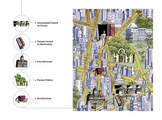 • Universidade Federal
do Paraná
• Estação Central
do Biarticulado
• Paço Municipal
• Passeio Público
• Rua Riachuelo
 