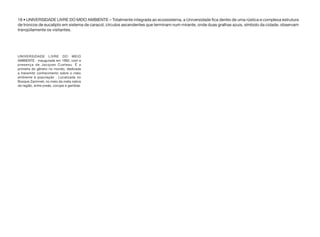 18 • UNIVERSIDADE LIVRE DO MEIO AMBIENTE – Totalmente integrada ao ecossistema, a Universidade fica dentro de uma rústica e complexa estrutura
de troncos de eucalipto em sistema de caracol, círculos ascendentes que terminam num mirante, onde duas gralhas azuis, símbolo da cidade, observam
tranqüilamente os visitantes.
UNIVERSIDADE LIVRE DO MEIO
AMBIENTE - inaugurada em 1992, com a
presença de Jacques Custeau. É a
primeira do gênero no mundo, dedicada
a transmitir conhecimento sobre o meio
ambiente à população . Localizada no
Bosque Zaninneli, no meio da mata nativa
da região, entre preás, corujas e gambas.
 