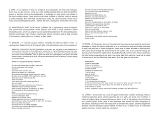 9. LAPA – It's a paradox. In this city resides a true compulsion for order and neatness.
Every time you go around a corner you meet a street sweeper. But you also find graffitis,
poems or stickers stuck on the baseboards of buildings, on lamp posts, half-hidden in
the most unlikely places. These anonymous artists, children of urbanity, insist on leaving
a coded message. But order has prevailed and today the Lapa Crossing, which was a
many-coloured passageway when I started the book, displays an immaculate white wall.
10. MONTESQUIEU TART SHOP, owned by Mister Joe, a japonese by name of Hiroyuki
Ota, serves the young people's most popular junk food: a huge sandwich called
CheeseMountain, which has a lighter version called CheeseMonster. The ChesseMountain,
besides hamburguer, ham, cheese, mayonnaise, lettuce, tomatoes and an egg, includes
in its innards a pastry which is, in reality, a giant risolis.
11. GAUCHO – In a bucolic square, beside a cemetery, the best ice cream in town - a
meeting point. Skaters show off, driving girls wild, while Maria Bueno rests in her mausoleum.
MARIA DA CONCEIÇAO BUENO is worshiped as a saint, but the origin of her saintlihood is
controversial. According to Dona Adelaide, a widow who for the last 20 years has spent her days
in the mortuary chamber, alongside the object of her devotion, she had been murdered, defending
her honour. Such chasteness came to grant her fame and pilgrimages to her grave. The other
version doesn't consider her so pure. She would have been a victim of jealousy, a tragic ending
to a cheap drama.
MARIA DA CONCEIÇÃO BUENO'S PRAYER
On the cross Jesus was crucified... and thou..
On the cross were not crucified
However
thou hast been sacrified, yes,
without the verdict of a courtroom
By a terrible executioner, worse even than Judas
The day of January 29th, 1983, had barely dawned
While silence ran deep through this
Town of Curitiba
Thou whom when life smiled upon full of
Joy and hopes
Received like Jesus the bitterness of treason
Received in your innocence the note
With the false sentence, the sentence of death…
In the ambush at the crossroads of that
Dawn
Thou hast died defending thou honour
On your knees died, died
Begging of the Father mercy
Father called you unto him, the people cried and
Sanctified you, today thou walketh on the floors of heaven
But in our heart thou livest
And from here to our Father we plead
Concede to our protector Maria da Conceição
Bueno strength and power...
So that she with her immaculate kindness
Can more and more help those who
Beseech unto her
Maria da Conceiçao Bueno, our
Protector, we thank thee for the
Millions of mercies thou hast
Granted us,
And with the same faith by which thou, in prayer,
Pleadeth to thy godmother, Holy Mary
of Conception, we plead to thee…
Care for us - care for us who suffer
Care for us who beg
Care for the little children, care for the ill
Care for your Country, care for all
So be it
In the name of the Father, the Son and the Holy
Ghost, Amen..
12. STORE – At this grocery store, on the outskirts of town, you can buy anything: sombreros,
sausages or a hoe. But what's really nice is to sit on the porch and eat the best Mud-dish
in town, that only Ana, a Polish-Hungarian, knows how to make. Ana tells us that the Mud-
dish came about through the shrewdness of the women who, envious of men having fun
during carnaval while they had to cook, decided to have fun on their own. They would leave
the food buried underground and when they came back from partying it was just a matter
of unburying it and the Mud-dish was ready. And she gave us the recipe:
INGREDIENTS
5 kilos of round beef
5 kilos of chuck beef
4 kilos of chopped onions
6 grains of garlic
5 spoons of cummin soup
1 leaf of laurel
salsa & shallot
300 grams of pepper
1 kilo of lard
HOW TO PREPARE
1) Fry the lard with the spices;
2) simmer all and cover with water, double the amount of when you put in the meat;
3) seal the mud pot with manioc flour and cold water or aluminum foil;
4) let it sit for 12 hours;
5) after "unsealing" the pot, serve with bananas, oranges, flour and white rice.
13. JAPAN – Surrounded by a wall of upper-middle-class modern buildings, hides a
traditional japonese grove, where passerbys go for a walk, and some even meditate, in
midst of bridges, lakes, ornamental trees and works of art. At the pagoda, which functions
as a cultural center, Dona Laura, a lively japonese, tells stories and offers ideograms to
the visitors. Standing out from the works of art on exhibit in the garden, beside a magnificent
Buddah, rises the strange sculpture PEACE number 30.31, by Baku Inoue, an indictment
against terrorism, where reads the inscription:
 