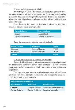 100
Contabilidade e análise de custos
2º passo: atribuir custos às atividades
AmetodologiadoCusteioBaseadoemAtividadesdizqueprimeirodeve-
-se alocar custos às atividades. Vimos que isto é feito por meio dos dire-
cionadores de custos, informação obtida por meio de pesquisas e de entre-
vistas com os colaboradores envolvidos nas duas atividades identificadas
como relevantes.
Dessa forma, os direcionadores de custos às atividades, bem como
os custos indiretos a que se referem, são:
Custos Indiretos Direcionadores
Aluguel Área utilizada
Material de consumo Número de requisição
Dessa forma, os custos totais de cada atividade são:
Departamentos Atividades Custos
Compras Comprar Materiais 17.000
Decoração Decorar Ambiente 19.000
TOTAL 36.000
3º passo: atribuir os custos unitários aos produtos
Depois de identificadas as atividades relevantes, seus direcionado-
res de recursos e respectivos custos, temos condição de ir para o terceiro
passo, que é atribuir custos das atividades aos produtos, ou seja, é custear
os produtos.
Para isso, devemos levantar os direcionadores das atividades aos
produtos. Para nosso exemplo, vamos considerar os seguintes direciona-
dores, bem como suas quantidades:
Direcionadores das atividades
Departamentos Atividades Direcionadores
Compras Comprar Materiais Número de Itens Comprados
Corte e Costura Decorar Ambiente Tempo de decoração
 