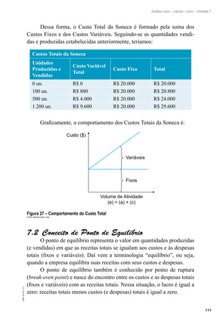 133
EAD-10-CC3.1
Análise custo – volume – lucro – Unidade 7
Dessa forma, o Custo Total da Soneca é formado pela soma dos
Custos Fixos e dos Custos Variáveis. Seguindo-se as quantidades vendi-
das e produzidas estabelecidas anteriormente, teríamos:
Custos Totais da Soneca
Unidades
Produzidas e
Vendidas
Custo Variável
Total
Custo Fixo Total
0 un. R$ 0 R$ 20.000 R$ 20.000
100 un. R$ 800 R$ 20.000 R$ 20.800
500 un. R$ 4.000 R$ 20.000 R$ 24.000
1.200 un. R$ 9.600 R$ 20.000 R$ 29.600
Graficamente, o comportamento dos Custos Totais da Soneca é:
Custo ($)
Volume de Atividade
(e) = (a) + (c)
Variáveis
Fixos
Figura 27 – Comportamento do Custo Total
Fonte: Martins (2009, p. 255)
Conceito de Ponto de Equilíbrio7.2 
O ponto de equilíbrio representa o valor em quantidades produzidas
(e vendidas) em que as receitas totais se igualam aos custos e às despesas
totais (fixos e variáveis). Daí vem a terminologia “equilíbrio”, ou seja,
quando a empresa equilibra suas receitas com seus custos e despesas.
O ponto de equilíbrio também é conhecido por ponto de ruptura
(break-even point) e nasce do encontro entre os custos e as despesas totais
(fixos e variáveis) com as receitas totais. Nessa situação, o lucro é igual a
zero: receitas totais menos custos (e despesas) totais é igual a zero.
 