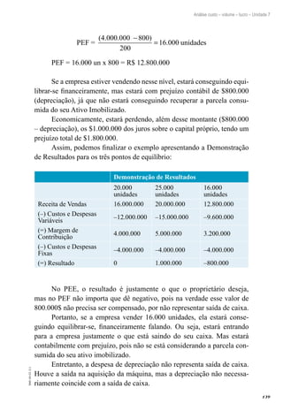 139
EAD-10-CC3.1
Análise custo – volume – lucro – Unidade 7
PEF =
(4.000.000 )−
=
800
200
16 000. unidades
PEF = 16.000 un x 800 = R$ 12.800.000
Se a empresa estiver vendendo nesse nível, estará conseguindo equi-
librar-se financeiramente, mas estará com prejuízo contábil de $800.000
(depreciação), já que não estará conseguindo recuperar a parcela consu-
mida do seu Ativo Imobilizado.
Economicamente, estará perdendo, além desse montante ($800.000
– depreciação), os $1.000.000 dos juros sobre o capital próprio, tendo um
prejuízo total de $1.800.000.
Assim, podemos finalizar o exemplo apresentando a Demonstração
de Resultados para os três pontos de equilíbrio:
Demonstração de Resultados
20.000
unidades
25.000
unidades
16.000
unidades
Receita de Vendas 16.000.000 20.000.000 12.800.000
(–) Custos e Despesas
Variáveis
–12.000.000 –15.000.000 –9.600.000
(=) Margem de
Contribuição
4.000.000 5.000.000 3.200.000
(–) Custos e Despesas
Fixas
–4.000.000 –4.000.000 –4.000.000
(=) Resultado 0 1.000.000 –800.000
No PEE, o resultado é justamente o que o proprietário deseja,
mas no PEF não importa que dê negativo, pois na verdade esse valor de
800.000$ não precisa ser compensado, por não representar saída de caixa.
Portanto, se a empresa vender 16.000 unidades, ela estará conse-
guindo equilibrar-se, financeiramente falando. Ou seja, estará entrando
para a empresa justamente o que está saindo do seu caixa. Mas estará
contabilmente com prejuízo, pois não se está considerando a parcela con-
sumida do seu ativo imobilizado.
Entretanto, a despesa de depreciação não representa saída de caixa.
Houve a saída na aquisição da máquina, mas a depreciação não necessa-
riamente coincide com a saída de caixa.
 
