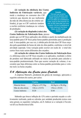 160
Contabilidade e análise de custos
(2) variação da eficiência dos Custos
Indiretos de Fabricação variáveis, que
mede a mudança no consumo dos CIF
variáveis que decorre de uso ineficiente
da mão de obra direta (ou do critério uti-
lizado), já que os CIF variáveis tendem
a oscilar conforme mudanças no volume
de produção;
(3) variação de dispêndio (valor) dos
Custos Indiretos de Fabricação fixos, pressu-
pondo que os CIF fixos aplicados são obtidos a partir da multiplicação da
taxa-padrão para CIF fixos pelas horas-padrão permitidas para a produção
real. A taxa-padrão, por sua vez, é obtida pela divisão dos CIF fixos orça-
dos pela quantidade de horas de mão de obra padrão, conforme o nível de
atividade esperada. Uma variação pode ocorrer em razão de o total dos
custos fixos reais serem diferentes dos orçados;
(4) variação do volume dos Custos Indiretos de Fabricação fixos
é a diferença entre os CIF fixos orçados e os aplicados, medindo o efeito
do produto real fabricado utilizado no início do período para calcular a
taxa-padrão predeterminada. Para que ocorra variação de volume, é ne-
cessário que haja diferença entre as horas-padrão permitidas para o volu-
me real e as horas orçadas.
Aplicação dos Custos para Controle8.4 
A empresa Marred’s, produtora de geleia de morango, apresenta a
seguinte estrutura de custos, por caixa:
  Padrão Real
Material direto 45kg/cx x $7,5/kg 44,5kg/cx x $8,4/kg
Mão de obra direta 12h/cx x $15/h 13h/cx x $16/h
Custos Indiretos $120 $140
Sabendo que houve inflação de 12% entre o período orçado e o efe-
tivamente realizado, pede-se calcular, por unidade produzida (caixa com
uma grosa), as seguintes variações, em $. Indicar se a variação é Favorá-
vel (F) ou Desfavorável (D):
Conexão:
Para quem quer se aprofun-
dar nos assuntos abordados nesta
unidade, sugere-se o capítulo 6 do
livro Curso Básico de Contabilidade de
Custos, escrito por SilvioAparecido Cre-
paldi, de 2009, editoraAtlas, bem como
o capítulo 12 do livro Contabilidade de
Custos, escrito por Osni Moura
Ribeiro, de 2009, editora
Saraiva
 