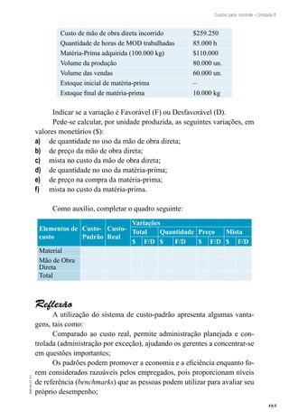 163
EAD-10-CC3.1
Custos para controle – Unidade 8
Custo de mão de obra direta incorrido $259.250
Quantidade de horas de MOD trabalhadas 85.000 h
Matéria-Prima adquirida (100.000 kg) $110.000
Volume da produção 80.000 un.
Volume das vendas 60.000 un.
Estoque inicial de matéria-prima –
Estoque final de matéria-prima 10.000 kg
Indicar se a variação é Favorável (F) ou Desfavorável (D).
Pede-se calcular, por unidade produzida, as seguintes variações, em
valores monetários ($):
de quantidade no uso da mão de obra direta;a)	
de preço da mão de obra direta;b)	
mista no custo da mão de obra direta;c)	
de quantidade no uso da matéria-prima;d)	
de preço na compra da matéria-prima;e)	
mista no custo da matéria-prima.f)	
Como auxílio, completar o quadro seguinte:
Elementos de
custo
Custo-
Padrão
Custo-
Real
Variações
Total Quantidade Preço Mista
$ F/D $ F/D $ F/D $ F/D
Material
Mão de Obra
Direta
Total
Reflexão
A utilização do sistema de custo-padrão apresenta algumas vanta-
gens, tais como:
Comparado ao custo real, permite administração planejada e con-
trolada (administração por exceção), ajudando os gerentes a concentrar-se
em questões importantes;
Os padrões podem promover a economia e a eficiência enquanto fo-
rem considerados razoáveis pelos empregados, pois proporcionam níveis
de referência (benchmarks) que as pessoas podem utilizar para avaliar seu
próprio desempenho;
 