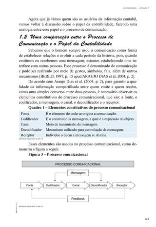 187
Contabilidade – Unidade 1
EAD-10-CC3.1
Agora que já vimos quem são os usuários da informação contábil,
vamos voltar à discussão sobre o papel da contabilidade, fazendo uma
analogia entre esse papel e o processo de comunicação.
Uma comparação entre o Processo de1.2 
Comunicação e o Papel da Contabilidade
Sabemos que o homem sempre usou a comunicação como forma
de estabelecer relações e evoluir a cada período da história, pois, quando
emitimos ou recebemos uma mensagem, estamos estabelecendo uma in-
terface com outras pessoas. Esse processo é denominado de comunicação
e pode ser realizado por meio de gestos, símbolos, fala, além de outros
mecanismos [BERLO, 1997, p. 15 apud ARAUJO DIAS et al, 2004, p. 2].
De acordo com Araujo Dias et al. (2004, p. 2), para garantir a qua-
lidade da informação compartilhada entre quem emite e quem recebe,
como uma simples conversa entre duas pessoas, é necessário observar os
elementos constitutivos do processo comunicacional, que são: a fonte, o
codificador, a mensagem, o canal, o decodificador e o receptor.
Quadro 1 – Elementos constitutivos do processo comunicacional
Fonte É o elemento de onde se origina a comunicação.
Codificador É o construtor da mensagem, a qual é a expressão do objeto.
Canal Meio de transmissão da mensagem.
Decodificador Mecanismo utilizado para assimilação da mensagem.
Receptor Indivíduo a quem a mensagem se destina.
Adaptado de Araujo Dias et al. (2004, p. 2)
Esses elementos são usados no processo comunicacional, como de-
monstra a figura a seguir.
Figura 3 – Processo omunicacional
PROCESSO COMUNICACIONAL
Mensagem
Fonte Codificador Canal Decodificador Receptor
Feedback
Adaptado de Araujo Dias et al. (2004, p. 3)
 