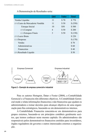 20
Contabilidade e análise de custos
A Demonstração de Resultados seria:
Qtd Valor Total
Vendas Líquidas 11 $ 70 $ 770
(=) Custo da Mercadoria Vendida 11 $ 50 $ (550)
Estoque Inicial 10 $50 $ 500
(+) Comprar 4 $ 50 $ 200
(–) Estoques Finais 3 $ 50 $ (150)
(=) Lucro Bruto
 
$ 220
(–) Despesas $ (170)
Vendas $ 70
Administrativas $ 60
Financeiras $ 40
(=) Resultado Líquido $ 50
Compra
Vende
Empresa Comercial Empresa Industrial
Vende
Compra
MD
Transforma
MOD + CIF
Crepaldi(2009,p.4)
Figura 2 – Exemplo de empresa comercial e industrial
Para os autores Horngren, Datar e Foster (2004), a Contabilidade
Gerencial e a Financeira têm diferentes objetivos. A Contabilidade Geren-
cial mede e relata informações financeiras e não financeiras que ajudam os
administradores a tomar decisões para alcançar objetivos de uma organi-
zação para fins estratégicos, baseando-se em demonstrativos internos.
A Contabilidade Financeira concentra-se em demonstrativos para
grupos externos, baseando-se em princípios contábeis geralmente acei-
tos, que iremos conhecer neste mesmo capítulo. Os administradores são
responsáveis pelos demonstrativos financeiros emitidos para investidores,
órgãos reguladores do governo e outros interessados externos a organiza-
ção.
 