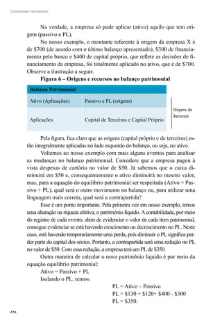 216
Contabilidade Intermediária
Na verdade, a empresa só pode aplicar (ativo) aquilo que tem ori-
gem (passivo e PL).
No nosso exemplo, o montante referente à origem da empresa X é
de $700 (de acordo com o último balanço apresentado), $300 de financia-
mento pelo banco e $400 de capital próprio, que reflete as decisões de fi-
nanciamento da empresa, foi totalmente aplicado no ativo, que é de $700.
Observe a ilustração a seguir.
Figura 6 – Origens e recursos no balanço patrimonial
Balanço Patrimonial
Ativo (Aplicações) Passivo e PL (origens)
Aplicações Capital de Terceiros e Capital Próprio
Pela figura, fica claro que as origens (capital próprio e de terceiros) es-
tão integralmente aplicadas no lado esquerdo do balanço, ou seja, no ativo.
Voltemos ao nosso exemplo com mais alguns eventos para analisar
as mudanças no balanço patrimonial. Considere que a empresa pagou à
vista despesas de cartório no valor de $50. Já sabemos que o caixa di-
minuirá em $50 e, consequentemente o ativo diminuirá no mesmo valor,
mas, para a equação do equilíbrio patrimonial ser respeitada (Ativo = Pas-
sivo + PL), qual será o outro movimento no balanço ou, para utilizar uma
linguagem mais correta, qual será a contrapartida?
Esse é um ponto importante. Pela primeira vez em nosso exemplo, temos
uma alteração na riqueza efetiva, o patrimônio líquido.Acontabilidade, por meio
do registro de cada evento, além de evidenciar o valor de cada item patrimonial,
consegue evidenciar se está havendo crescimento ou decrescimento no PL. Neste
caso, está havendo temporariamente uma perda, pois diminuir o PL significa per-
der parte do capital dos sócios. Portanto, a contrapartida será uma redução no PL
no valor de $50. Com essa redução, a empresa terá um PLde $350.
Outra maneira de calcular o novo patrimônio líquido é por meio da
equação equilíbrio patrimonial:
Ativo = Passivo + PL
Isolando o PL, temos:
					 PL = Ativo – Passivo
					 PL = $130 + $120+ $400 - $300
					 PL = $350.








Origens de
Recursos
 