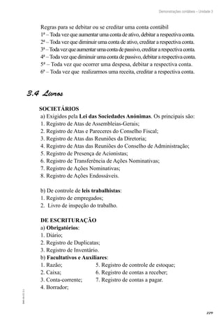 229
EAD-10-CC3.1
Demonstrações contábeis – Unidade 3
Regras para se debitar ou se creditar uma conta contábil
1ª – Toda vez que aumentar uma conta de ativo, debitar a respectiva conta.
2ª – Toda vez que diminuir uma conta de ativo, creditar a respectiva conta.
3ª–Todavezqueaumentarumacontadepassivo,creditararespectivaconta.
4ª –Todavezquediminuir umacontadepassivo,debitararespectivaconta.
5ª – Toda vez que ocorrer uma despesa, debitar a respectiva conta.
6ª – Toda vez que realizarmos uma receita, creditar a respectiva conta.
Livros3.4 
SOCIETÁRIOS
a) Exigidos pela Lei das Sociedades Anónimas. Os principais são:
1. Registro de Atas de Assembleias-Gerais;
2. Registro de Atas e Pareceres do Conselho Fiscal;
3. Registro de Atas das Reuniões da Diretoria;
4. Registro de Atas das Reuniões do Conselho de Administração;
5. Registro de Presença de Acionistas;
6. Registro de Transferência de Ações Nominativas;
7. Registro de Ações Nominativas;
8. Registro de Ações Endossáveis.
b) De controle de leis trabalhistas:
1. Registro de empregados;
2. Livro de inspeção do trabalho.
DE ESCRITURAÇÃO
a) Obrigatórios:
1. Diário;	
2. Registro de Duplicatas;
3. Registro de Inventário.	
b) Facultativos e Auxiliares:
1. Razão;		 5. Registro de controle de estoque;
2. Caixa;			 6. Registro de contas a receber;
3. Conta-corrente;	 7. Registro de contas a pagar.
4. Borrador;
 