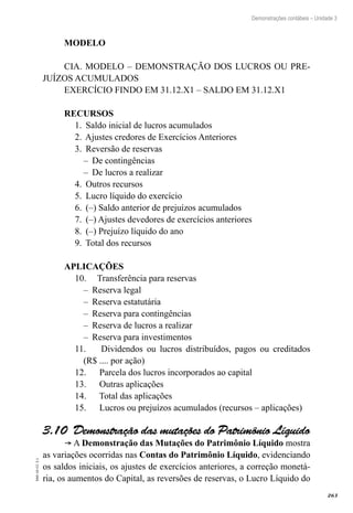 263
EAD-10-CC3.1
Demonstrações contábeis – Unidade 3
MODELO
CIA. MODELO – DEMONSTRAÇÃO DOS LUCROS OU PRE-
JUÍZOS ACUMULADOS
EXERCÍCIO FINDO EM 31.12.X1 – SALDO EM 31.12.X1
RECURSOS	
Saldo inicial de lucros acumulados	1.	
Ajustes credores de Exercícios Anteriores	2.	
Reversão de reservas	3.	
De contingências 	––
De lucros a realizar	––
Outros recursos	4.	
Lucro líquido do exercício	5.	
(–) Saldo anterior de prejuízos acumulados 	6.	
(–) Ajustes devedores de exercícios anteriores	7.	
(–) Prejuízo líquido do ano 	8.	
Total dos recursos	9.	
APLICAÇÕES	
Transferência para reservas	10.	
Reserva legal	––
Reserva estatutária	––
Reserva para contingências	––
Reserva de lucros a realizar	––
Reserva para investimentos	––
Dividendos ou lucros distribuídos, pagos ou creditados11.	
(R$ .... por ação)
Parcela dos lucros incorporados ao capital	12.	
Outras aplicações	13.	
Total das aplicações	14.	
Lucros ou prejuízos acumulados (recursos – aplicações)15.	
Demonstração das mutações do Patrimônio Líquido3.10 
® A Demonstração das Mutações do Patrimônio Líquido mostra
as variações ocorridas nas Contas do Patrimônio Líquido, evidenciando
os saldos iniciais, os ajustes de exercícios anteriores, a correção monetá-
ria, os aumentos do Capital, as reversões de reservas, o Lucro Líquido do
 