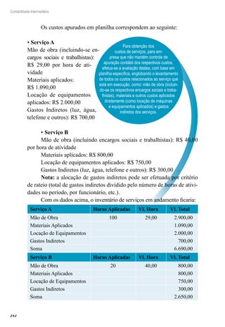 282
Contabilidade Intermediária
Para obtenção dos
custos de serviços, para em-
presa que não mantém controle de
apuração contábil dos respectivos custos,
efetua-se a avaliação destes, com base em
planilha específica, englobando o levantamento
de todos os custos relacionados ao serviço que
está em execução, como: mão de obra (incluin-
do-se os respectivos encargos sociais e traba-
lhistas), materiais e outros custos aplicados
diretamente (como locação de máquinas
e equipamentos aplicados) e gastos
indiretos dos serviços.
Os custos apurados em planilha correspondem ao seguinte:
• Serviço A
Mão de obra (incluindo-se en-
cargos sociais e trabalhistas):
R$ 29,00 por hora de ati-
vidade
Materiais aplicados:
R$ 1.090,00
Locação de equipamentos
aplicados: R$ 2.000,00
Gastos Indiretos (luz, água,
telefone e outros): R$ 700,00
•	Serviço B
Mão de obra (incluindo encargos sociais e trabalhistas): R$ 40,00
por hora de atividade
Materiais aplicados: R$ 800,00
Locação de equipamentos aplicados: R$ 750,00
Gastos Indiretos (luz, água, telefone e outros): R$ 300,00
Nota: a alocação de gastos indiretos pode ser efetuada por critério
de rateio (total de gastos indiretos dividido pelo número de horas de ativi-
dades no período, por funcionário, etc.).
Com os dados acima, o inventário de serviços em andamento ficaria:
Serviço A Horas Aplicadas Vl. Hora Vl. Total
Mão de Obra 100 29,00 2.900,00
Materiais Aplicados 1.090,00
Locação de Equipamentos 2.000,00
Gastos Indiretos 700,00
Soma 6.690,00
Serviço B Horas Aplicadas Vl. Hora Vl. Total
Mão de Obra 20 40,00 800,00
Materiais Aplicados 800,00
Locação de Equipamentos 750,00
Gastos Indiretos 300,00
Soma 2.650,00
 