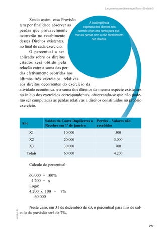 291
EAD-10-CC3.1
Lançamentos contábeis específicos – Unidade 5
A inadimplência
esperada dos clientes nos
permite criar uma conta para esti-
mar as perdas com o não recebimento
dos direitos.
Sendo assim, essa Provisão
tem por finalidade absorver as
perdas que provavelmente
ocorrerão no recebimento
desses Direitos existentes,
no final de cada exercício.
O percentual a ser
aplicado sobre os direitos
citados será obtido pela
relação entre a soma das per-
das efetivamente ocorridas nos
últimos três exercícios, relativas
aos direitos decorrentes do exercício da
atividade econômica, e a soma dos direitos da mesma espécie existentes
no início dos exercícios correspondentes, observando-se que não pode-
rão ser computadas as perdas relativas a direitos constituídos no próprio
exercício.
Ano
Saldos da Conta Duplicatas a
Receber em 1º de janeiro
Perdas – Valores não
recebidos
X1 10.000 500
X2 20.000 3.000
X3 30.000 700
Totais 60.000 4.200
Cálculo do percentual:
60.000 = 100%
4.200 = x
Logo:
4.200 x 100 = 7%
60.000
Neste caso, em 31 de dezembro de x3, o percentual para fins de cál-
culo da provisão será de 7%.
 