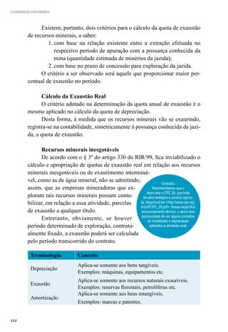 352
Contabilidade Intermediária
Existem, portanto, dois critérios para o cálculo da quota de exaustão
de recursos minerais, a saber:
com base na relação existente entre a extração efetuada no1.	
respectivo período de apuração com a possança conhecida da
mina (quantidade estimada de minérios da jazida);
com base no prazo de concessão para exploração da jazida.2.	
O critério a ser observado será aquele que proporcionar maior per-
centual de exaustão no período.
Cálculo da Exaustão Real
O critério adotado na determinação da quota anual de exaustão é o
mesmo aplicado no cálculo da quota de depreciação.
Desta forma, à medida que os recursos minerais vão se exaurindo,
registra-se na contabilidade, simetricamente à possança conhecida da jazi-
da, a quota de exaustão.
Recursos minerais inesgotáveis
De acordo com o § 3º do artigo 330 do RIR/99, fica inviabilizado o
cálculo e apropriação de quotas de exaustão real em relação aos recursos
minerais inesgotáveis ou de exaurimento interminá-
vel, como as de água mineral, não se admitindo,
assim, que as empresas mineradoras que ex-
ploram tais recursos minerais possam conta-
bilizar, em relação a essa atividade, parcelas
de exaustão a qualquer título.
Entretanto, obviamente, se houver
período determinado de exploração, contratu-
almente fixado, a exaustão poderá ser calculada
pelo período transcorrido do contrato.
Terminologia Conceito
Depreciação
Aplica-se somente aos bens tangíveis.
Exemplos: máquinas, equipamentos etc.
Exaustão
Aplica-se somente aos recursos naturais exauríveis.
Exemplos: reservas florestais, petrolíferas etc.
Amortização
Aplica-se somente aos bens intangíveis.
Exemplos: marcas e patentes.
Conexão:
Recomendamos que o
aluno leia o CPC 29, que trata
de ativo biológico e produto agríco-
la, disponível em <http://www.cpc.org.
br/pdf/CPC_29.pdf>. Nesse específico
pronunciamento técnico, o aluno terá
oportunidade de ver alguns conceitos
de imobilizado e depreciação
aplicados à atividade rural.
 