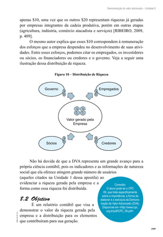 399
EAD-10-CC3.1
Demonstração do valor adicionado – Unidade 8
apenas $10, uma vez que os outros $20 representam riquezas já geradas
por empresas integrantes da cadeia produtiva, porém em outras etapas
(agricultura, indústria, comércio atacadista e serviços) [RIBEIRO, 2009,
p. 409].
O mesmo autor explica que esses $10 correspondem à remuneração
dos esforços que a empresa despendeu no desenvolvimento de suas ativi-
dades. Entre esses esforços, podemos citar os empregados, os investidores
ou sócios, os financiadores ou credores e o governo. Veja a seguir uma
ilustração dessa distribuição de riqueza.
Figura 10 – Distribuição de Riqueza
Governo Empregados
Sócios Credores
Valor gerado pela
Empresa
Não há duvida de que a DVA representa um grande avanço para a
própria ciência contábil, pois os indicadores e as informações de natureza
social que ela oferece atingem grande número de usuários
(aqueles citados na Unidade 1 dessa apostila) ao
evidenciar a riqueza gerada pela empresa e a
forma como essa riqueza foi distribuída.
Objetivo8.2 
É um relatório contábil que visa a
demonstrar o valor da riqueza gerada pela
empresa e a distribuição para os elementos
que contribuíram para sua geração.
Conexão:
O aluno pode ler o CPC
09, que trata especificamente
sobre a importância, a forma de
elaborar e a estrutura da Demons-
tração de Valor Adicionado (DVA).
Disponível em <http://www.cpc.
org.br/pdf/CPC_09.pdf>.
 