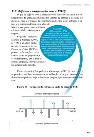 419
EAD-10-CC3.1
Demonstração do fluxo de caixa – Unidade 9
Ribeiro (2009,
p.396) acrescenta: a DFC é
um relatório contábil que tem por fim
evidenciar as transações ocorridas em um
determinado período e que provocaram modifi-
cações no saldo da conta Caixa. Trata-se de uma
demonstração sintetizada dos fatos administrativos
que envolvem os fluxos de dinheiro ocorridos du-
rante um determinado período, devidamente regis-
trados a débitos (entradas) e a créditos (saídas)
da conta Caixa. Fluxos de Caixa, portanto,
compreendem o movimento de entradas e
saídas de dinheiro da empresa.
Objetivo e comparação com a DRE9.2 
O que se objetiva com a elaboração do fluxo de caixa não é o co-
nhecimento da grandeza absoluta dos valores de entrada e de saída de
dinheiro, mas a avaliação da comparabilidade entre essas entradas e sa-
ídas e a correspondência entre elas, de
forma a assegurar riscos mínimos
e lucratividade máxima para a
empresa.
Segundo Iudícibus,
Martins e Gelbcke (2007,
p. 440), o objetivo primá-
rio da Demonstração dos
Fluxos de Caixa (DFC) é
prover informações rele-
vantes sobre os pagamentos
e recebimentos, em dinheiro,
de uma empresa, ocorridos durante
um determinado período.
Com essas definições, podemos afirmar que a DFC de uma empre-
sa permite visualizar as entradas e as saídas de caixa que ocorreram em
determinado período. Veja a ilustração a seguir, que demonstra tal defini-
ção.
Figura 13 – Ilustração de entradas e saída de caixa da DFC
Diversas entradas de caixa
Diversas saídas de caixa
01/01/X1 31/12/X1
 