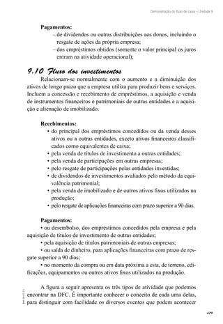 429
EAD-10-CC3.1
Demonstração do fluxo de caixa – Unidade 9
Pagamentos:
de dividendos ou outras distribuições aos donos, incluindo o––
resgate de ações da própria empresa;
dos empréstimos obtidos (somente o valor principal os juros––
entram na atividade operacional);
Fluxo dos investimentos9.10 
Relacionam-se normalmente com o aumento e a diminuição dos
ativos de longo prazo que a empresa utiliza para produzir bens e serviços.
Incluem a concessão e recebimento de empréstimos, a aquisição e venda
de instrumentos financeiros e patrimoniais de outras entidades e a aquisi-
ção e alienação de imobilizado.
Recebimentos:
do principal dos empréstimos concedidos ou da venda desses•	
ativos ou a outras entidades, exceto ativos financeiros classifi-
cados como equivalentes de caixa;
pela venda de títulos de investimento a outras entidades;•	
pela venda de participações em outras empresas;•	
pelo resgate de participações pelas entidades investidas;•	
de dividendos de investimentos avaliados pelo método da equi-•	
valência patrimonial;
pela venda de imobilizado e de outros ativos fixos utilizados na•	
produção;
pelo resgate de aplicações financeiras com prazo superior a 90 dias.•	
Pagamentos:
•	ou desembolso, dos empréstimos concedidos pela empresa e pela
aquisição de títulos de investimento de outras entidades;
•	pela aquisição de títulos patrimoniais de outras empresas;
•	ou saída de dinheiro, para aplicações financeiras com prazo de res-
gate superior a 90 dias;
•	no momento da compra ou em data próxima a esta, de terreno, edi-
ficações, equipamentos ou outros ativos fixos utilizados na produção.
A figura a seguir apresenta os três tipos de atividade que podemos
encontrar na DFC. É importante conhecer o conceito de cada uma delas,
para distinguir com facilidade os diversos eventos que podem acontecer
 