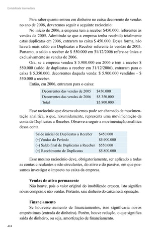 434
Contabilidade Intermediária
Para saber quanto entrou em dinheiro no caixa decorrente de vendas
no ano de 2006, deveremos seguir o seguinte raciocínio:
No início de 2006, a empresa tem a receber $450.000, referentes às
vendas de 2005. Admitindo-se que a empresa tenha recebido totalmente
estas duplicatas em 2006, entraram no caixa $ 450.000. Dessa forma, não
haverá mais saldo em Duplicatas a Receber referente às vendas de 2005.
Portanto, o saldo a receber de $ 550.000 em 31/12/2006 refere-se única e
exclusivamente às vendas de 2006.
Ora, se a empresa vendeu $ 5.900.000 em 2006 e tem a receber $
550.000 (saldo de duplicatas a receber em 31/12/2006), entraram para o
caixa $ 5.350.000, decorrentes daquela venda: $ 5.900.000 vendidos – $
550.000 a receber.
Então, em 2006, entraram para o caixa:
Decorrentes das vendas de 2005 $450.000
Decorrentes das vendas de 2006 $5.350.000
Total $5.800.000
Esse raciocínio que desenvolvemos pode ser chamado de movimen-
tação analítica, o que, resumidamente, representa uma movimentação da
conta de Duplicatas a Receber. Observe a seguir a movimentação analítica
dessa conta.
Saldo inicial de Duplicatas a Receber $450.000
(+)Vendas do Período $5.900.000
(–) Saldo final de Duplicatas a Receber $550.000
(=) Recebimento de Duplicatas $5.800.000
Esse mesmo raciocínio deve, obrigatoriamente, ser aplicado a todas
as contas circulantes e não circulantes, do ativo e do passivo, em que pos-
samos investigar o impacto no caixa da empresa.
Vendas de ativo permanente
Não houve, pois o valor original do imobilizado cresceu. Isto significa
novas compras, e não vendas. Portanto, saiu dinheiro do caixa nesta operação.
Financiamento
Se houvesse aumento de financiamentos, isso significaria novos
empréstimos (entrada de dinheiro). Porém, houve redução, o que significa
saída de dinheiro, ou seja, amortização de financiamento.
 