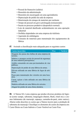 57
EAD-10-CC3.1
Custos para avaliação de estoques: custeio por absorção – Unidade 3
Pessoal do financeiro (salário)•	
Honorário da administração•	
Honorário do encarregado em uma agroindústria•	
Depreciação do prédio da sede da empresa•	
Deterioração do estoque de materiais por enchente•	
Tempo do pessoal em greve prolongada (remunerado)•	
Sucata no processo produtivo (desperdício normal)•	
Lote de material danificado acidentalmente em uma operação•	
industrial
Orelhões depredados em uma empresa de telefonia•	
Aquisição de embalagens•	
Consumo de materiais para manutenção dos equipamentos da•	
fábrica
Assinale a classificação mais adequada para os seguintes custos:07.	
Custos incorridos Fixo Variável
Desgaste dos pneus dos ônibus de uma empresa de
turismo.
Salários e encargos sociais do pessoal da segurança
de uma indústria petroquímica.
Asfalto consumido em uma pavimentadora de vias
públicas.
Depreciação do prédio de uma fábrica de armas.
Pólvora utilizada em uma fábrica de fogos de arti-
fícios.
Peças para manutenção dos veículos em uma loca-
dora.
Cacau, açúcar e leite utilizado em uma fábrica de
sorvete.
Madeira utilizada em uma fábrica de caixotes.
Aluguel do prédio de uma clínica dentária.
A Natura SA é uma empresa que produz diversos produtos de higie-08.	
ne (como xampu, sabonete), maquiagem (batom, blush, rímel etc.) e cre-
mes hidratantes (de maracujá, cupuaçu, castanha-do-pará, entre outros.).
Abaixo estão descritos os custos que a Natura incorre para a produção de
sabonetes de maracujá. Classifique os elementos de custos da empresa em:
Custo Direto ou Custo Indireto e Custo Variável ou Custo Fixo.
 