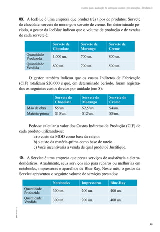59
EAD-10-CC3.1
Custos para avaliação de estoques: custeio por absorção – Unidade 3
A IceBlue é uma empresa que produz três tipos de produtos: Sorvete09.	
de chocolate, sorvete de morango e sorvete de creme. Em determinado pe-
ríodo, o gestor da IceBlue indicou que o volume de produção e de vendas
de cada sorvete é:
Sorvete de
Chocolate
Sorvete de
Morango
Sorvete de
Creme
Quantidade
Produzida
1.000 un. 700 un. 800 un.
Quantidade
Vendida
800 un. 700 un. 500 un.
O gestor também indicou que os custos Indiretos de Fabricação
(CIF) totalizam $20.000 e que, em determinado período, foram registra-
dos os seguintes custos diretos por unidade (em $):
Sorvete de
Chocolate
Sorvete de
Morango
Sorvete de
Creme
Mão de obra $5/un. $2,5/un. $4/un.
Matéria-prima $10/un. $12/un. $8/un.
Pede-se calcular o valor dos Custos Indiretos de Produção (CIF) de
cada produto utilizando-se:
o custo da MOD como base de rateio;a)	
o custo da matéria-prima como base de rateio.b)	
Você incentivaria a venda de qual produto? Justifique.c)	
A Service é uma empresa que presta serviços de assistência a eletro-10.	
domésticos. Atualmente, seus serviços são para reparos ou melhorias em
notebooks, impressoras e aparelhos de Blue-Ray. Neste mês, o gestor da
Service apresentou o seguinte volume de serviços prestados:
Notebooks Impressoras Blue-Ray
Quantidade
Produzida
300 un. 200 un. 400 un.
Quantidade
Vendida
300 un. 200 un. 400 un.
 