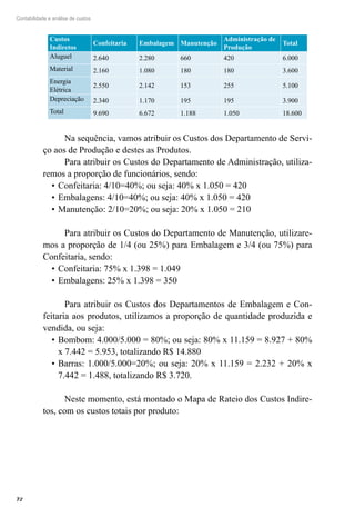 72
Contabilidade e análise de custos
Custos
Indiretos
Confeitaria Embalagem Manutenção
Administração de
Produção
Total
Aluguel 2.640 2.280 660 420 6.000
Material 2.160 1.080 180 180 3.600
Energia
Elétrica
2.550 2.142 153 255 5.100
Depreciação 2.340 1.170 195 195 3.900
Total 9.690 6.672 1.188 1.050 18.600
Na sequência, vamos atribuir os Custos dos Departamento de Servi-
ço aos de Produção e destes as Produtos.
Para atribuir os Custos do Departamento de Administração, utiliza-
remos a proporção de funcionários, sendo:
Confeitaria: 4/10=40%; ou seja: 40% x 1.050 = 420•	
Embalagens: 4/10=40%; ou seja: 40% x 1.050 = 420•	
Manutenção: 2/10=20%; ou seja: 20% x 1.050 = 210•	
Para atribuir os Custos do Departamento de Manutenção, utilizare-
mos a proporção de 1/4 (ou 25%) para Embalagem e 3/4 (ou 75%) para
Confeitaria, sendo:
Confeitaria: 75% x 1.398 = 1.049•	
Embalagens: 25% x 1.398 = 350•	
Para atribuir os Custos dos Departamentos de Embalagem e Con-
feitaria aos produtos, utilizamos a proporção de quantidade produzida e
vendida, ou seja:
Bombom: 4.000/5.000 = 80%; ou seja: 80% x 11.159 = 8.927 + 80%•	
x 7.442 = 5.953, totalizando R$ 14.880
Barras: 1.000/5.000=20%; ou seja: 20% x 11.159 = 2.232 + 20% x•	
7.442 = 1.488, totalizando R$ 3.720.
Neste momento, está montado o Mapa de Rateio dos Custos Indire-
tos, com os custos totais por produto:
 