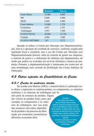 74
Contabilidade e análise de custos
Bombons Barras
Custo Direto 15.000 9.000
MP 9.000 5.000
MOD 6.000 4.000
Custo Indireto 14.880 3.720
Confeitaria 8.927 2.232
Embalagem 5.953 1.488
CUSTO TOTAL 29.880 12.720
Unidade 4.000 1.000
CUSTO UNITÁRIO 7,47 12,72
Quando se utiliza o Custeio por Absorção sem Departamentaliza-
ção, tem-se a apuração do resultado do exercício, conforme exigido pela
legislação fiscal e societária, mas o uso do Custeio por Absorção com
Departamentalização permite, além do controle de gastos nas empresas,
o controle de gastos e a elaboração de relatórios por departamentos, de
modo que podem ser avaliados em nível de eficiência e eficácia de pro-
dução. Portanto, a departamentalização é interessante em custos por ser
uma metodologia mais racional de distribuição dos Custos Indiretos de
Fabricação.
Outros aspectos da Contabilidade de Custos4.5 
Custos de materiais diretos4.5.1 
De acordo com Martins (2003), o material direto é o principal cus-
to direto e representa as matérias-primas, os componentes, os materiais
auxiliares e os materiais de embalagem que fa-
zem parte da estrutura do produto. Alguns
são visíveis no produto final, como, por
exemplo, os componentes e os mate-
riais de embalagem, mas isso pode
não acontecer com todos, dependen-
do do produto e do processo de fabri-
cação, por assumirem características
diferentes no produto final.
Conexão:
Para saber mais sobre o
assunto tratado nesta unidade,
indica-se a leitura do capítulo 9 do livro-
texto Contabilidade de Custos, do Prof.
Eliseu Martins, da editora Atlas, bem como
a resolução de exercícios do livro-exercício
(mesmo autor, capítulo e editora). Com
esta leitura, você poderá aprofundar-se e
exercitar-
-se mais na aplicação do Custeio
por Absorção com Departa-
mentalização.
 