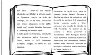 Em 2015 – “ANO IV” das nossas
atividades na Cifrater, a primeira parte
da Caravana chegou na tarde do
domingo, dia 24 de maio, constituída
dos irmãos alagoanos Avelar (GFE
André Luiz), Janete, Geraldo, Germana
e Gabriela (GFE Irmão Cícero).
A outra parte da Caravana, constituída
dos sergipanos Valmir Lourenço e
Silvan, ambos do GFE Bittencourt
Sampaio, chegou na tarde do dia
seguinte.
Diariamente, às 06:00 horas, parte da
caravana (Janete, Geraldo, Germana e
Gabriela) participava da produção do café
da manhã dos alunos do EHC enquanto os
demais: Lourenço, Avelar e Silvan
promoviam uma reunião de vibração no
Irmã Veneranda. No decorrer do dia
Lourenço e Silvan percorriam o
Assentamento Silvio Rodrigues fazendo
visitas às famílias assentadas; Avelar dava
continuidade aos atendimentos médicos;
também foram realizadas atividades de
recreação e distribuição de Kits com alunos
da Creche, Jardim I e II.
15 16
 