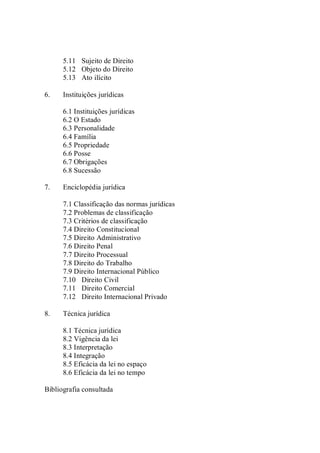 5.11  Sujeito de Direito 
5.12  Objeto do Direito 
5.13  Ato ilícito 
6.  Instituições jurídicas 
6.1 Instituições jurídicas 
6.2 O Estado 
6.3 Personalidade 
6.4 Família 
6.5 Propriedade 
6.6 Posse 
6.7 Obrigações 
6.8 Sucessão 
7.  Enciclopédia jurídica 
7.1 Classificação das normas jurídicas 
7.2 Problemas de classificação 
7.3 Critérios de classificação 
7.4 Direito Constitucional 
7.5 Direito Administrativo 
7.6 Direito Penal 
7.7 Direito Processual 
7.8 Direito do Trabalho 
7.9 Direito Internacional Público 
7.10  Direito Civil 
7.11  Direito Comercial 
7.12  Direito Internacional Privado 
8.  Técnica jurídica 
8.1 Técnica jurídica 
8.2 Vigência da lei 
8.3 Interpretação 
8.4 Integração 
8.5 Eficácia da lei no espaço 
8.6 Eficácia da lei no tempo 
Bibliografia consultada
 