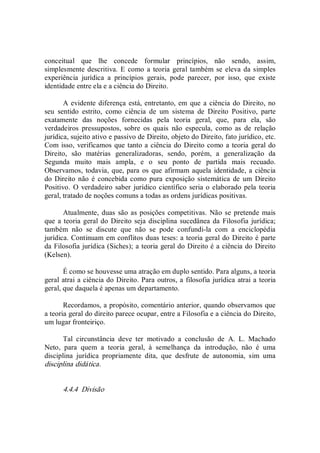 conceitual  que  lhe  concede  formular  princípios,  não  sendo,  assim, 
simplesmente descritiva. E como a teoria geral também se eleva da simples 
experiência  jurídica  a  princípios  gerais,  pode  parecer,  por  isso,  que  existe 
identidade entre ela e a ciência do Direito. 
A evidente diferença está, entretanto, em  que a ciência do Direito, no 
seu  sentido  estrito,  como  ciência  de  um  sistema  de  Direito  Positivo,  parte 
exatamente  das  noções  fornecidas  pela  teoria  geral,  que,  para  ela,  são 
verdadeiros  pressupostos,  sobre  os  quais  não  especula,  como  as  de  relação 
jurídica, sujeito ativo e passivo de Direito, objeto do Direito, fato jurídico, etc. 
Com isso, verificamos que tanto a ciência do Direito como a teoria geral do 
Direito,  são  matérias  generalizadoras,  sendo,  porém,  a  generalização  da 
Segunda  muito  mais  ampla,  e  o  seu  ponto  de  partida  mais  recuado. 
Observamos, todavia, que, para os que afirmam aquela identidade, a ciência 
do Direito não  é concebida como pura exposição sistemática  de  um  Direito 
Positivo.  O  verdadeiro saber jurídico científico seria o elaborado pela teoria 
geral, tratado de noções comuns a todas as ordens jurídicas positivas. 
Atualmente, duas são as posições competitivas. Não se pretende mais 
que a teoria geral do Direito seja disciplina sucedânea da  Filosofia jurídica; 
também  não  se  discute  que  não  se  pode  confundi­la  com  a  enciclopédia 
jurídica. Continuam em conflitos duas teses: a teoria geral do Direito é parte 
da Filosofia jurídica (Siches); a teoria geral do Direito é a ciência do Direito 
(Kelsen). 
É como se houvesse uma atração em duplo sentido. Para alguns, a teoria 
geral atrai a ciência do Direito. Para outros, a filosofia jurídica atrai a teoria 
geral, que daquela é apenas um departamento. 
Recordamos, a propósito, comentário anterior, quando observamos que 
a teoria geral do direito parece ocupar, entre a Filosofia e a ciência do Direito, 
um lugar fronteiriço. 
Tal  circunstância  deve  ter  motivado  a  conclusão  de  A.  L.  Machado 
Neto,  para  quem  a  teoria  geral,  à  semelhança  da  introdução,  não  é  uma 
disciplina  jurídica  propriamente  dita,  que  desfrute  de  autonomia,  sim  uma 
disciplina didática. 
4.4.4  Divisão
 