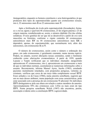 homogamético, enquanto os homens constituem o sexo heterogamético, já que 
produzem  dois  tipos  de  espermatozóides  quanto  aos  cromossomos  sexuais, 
isto é, 22 autossomos mais X ou 22 autossomos mais Y. 
Após a fertilização do óvulo pelo espermatozóide (fecundação), forma­ 
se o ovo ou zigoto, o qual terá 46 cromossomos, 23 de origem paterna e 23 de 
origem materna, restabelecendo­se, assim, o número diplóide (2n) das células 
somáticas. O sexo genético do ser que irá se desenvolver a partir do ovo será 
masculino  ou  feminino,  conforme  o  zigoto  contenha  44  cromossomos 
autossômicos  mais  XY  ou  44  cromossomos  autossômicos  mais  XX  e 
dependerá,  apenas,  do  espermatozóide,  que  normalmente  terá,  além  dos 
autossomos, um cromossomo X ou Y. 
O  número  de  cromossomos,  assim  como  o  número  e  ordenação  dos 
genes, em cada cromossomo, é geralmente constante, numa mesma espécie. 
Podem,  no  entanto,  ocorrer  alterações  nessas  constantes,  sendo  o  fenômeno 
conhecido  como  aberrações  cromossômicas.  A  partir  de  1959,  quando 
Lejeune  e  Turpin  verificaram  que  os  indivíduos  chamados  mongolóides 
apresentavam 47 cromossomos, isto é, apresentavam um cromossomo a mais 
do que os indivíduos normais, acumularam­se numerosas informações sobre o 
assunto.  Recentemente,  informa  Manuel  Ayres,  Jacobs  (1965),  estudando 
pacientes  mentalmente  retardados,  com  propensões  perigosas,  violentas  ou 
criminais,  verificou  que cerca de um terço tinha complemento sexual XYY. 
Esses achados e os de Casey (1966), numa amostra semelhante, sugerem que 
um ou mais desses atributos, numa população com essas características, pode 
estar associado com a presença de um cromossomo Y adicional. Os indivíduos 
XYY distinguiam­se pela sua altura em relação a outros membros da amostra. 
Aproximadamente  50%  dos  criminosos  com  1,83m  ou  mais  eram  do  tipo 
XYY.  Numa  pesquisa  semelhante  Welch  (1967)  não  encontrou,  porém, 
associação evidente entre a constituição XYY e agressividade.
 