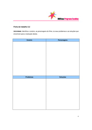 DVDTeca Programa Escolhas


Ficha de trabalho 5.2

Actividade: Identifica o cenário, as personagens do filme, os seus problemas e as soluções que
encontram para a resolução destes.



                  Cenário                                       Personagens




                 Problemas                                        Soluções




                                                                                            4
 