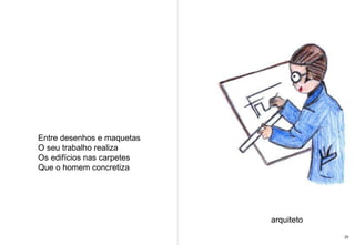 Entre desenhos e maquetas  O seu trabalho realiza Os edifícios nas carpetes  Que o homem concretiza arquiteto 25 