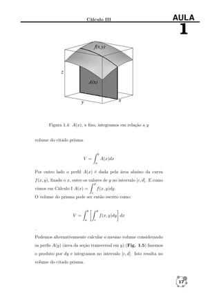 Cálculo III

AULA

1

Figura 1.4: A(x), x ﬁxo, integramos em relação a y
volume do citado prisma.
b

V =

A(x)dx
a

Por outro lado o perﬁl A(x) é dada pela área abaixo da curva
f (x, y), ﬁxado o x, entre os valores de y no intervalo [c, d]. E como
d

f (x, y)dy.

vimos em Cálculo I A(x) =
c

O volume do prisma pode ser então escrito como:
b

d

V =

f (x, y)dy dx
a

c

.
Podemos alternativamente calcular o mesmo volume considerando
os perﬁs A(y) (área da seção transversal em y) (Fig. 1.5) fazemos
o produto por dy e integramos no intervalo [c, d]. Isto resulta no
volume do citado prisma.

17

 