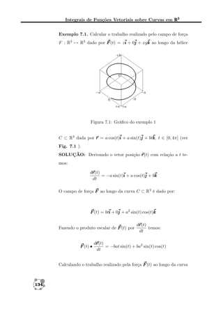 Integrais de Funções Vetoriais sobre Curvas em R3
Exemplo 7.1. Calcular o trabalho realizado pelo campo de força
F : R3 → R3 dado por F (t) = zi + 0j + xyk ao longo da hélice

Figura 7.1: Gráﬁco do exemplo 1
C ⊂ R3 dada por r = a cos(t)i + a sin(t)j + btk t ∈ [0, 4π] (ver
k,
Fig. 7.1 ).
SOLUÇÃO: Derivando o vetor posição r
r(t) com relação a t temos:
r
dr
r(t)
= −a sin(t)i + a cos(t)j + bk
dt
O campo de força F ao longo da curva C ⊂ R3 é dado por:

F (t) = bti + 0j + a2 sin(t) cos(t)k

Fazendo o produto escalar de F (t) por

F (t) •

r
dr
r(t)
temos:
dt

r
dr
r(t)
= −bat sin(t) + ba2 sin(t) cos(t)
dt

Calculando o trabalho realizado pela força F (t) ao longo da curva

134

 