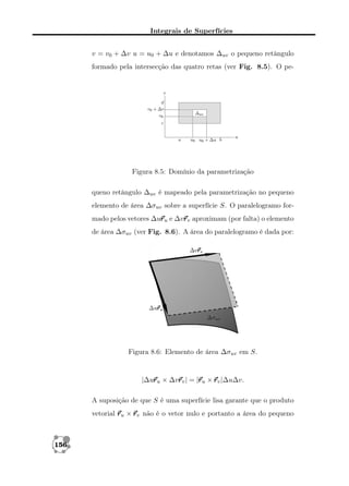 Integrais de Superfícies
v = v0 + ∆v u = u0 + ∆u e denotamos ∆uv o pequeno retângulo
formado pela intersecção das quatro retas (ver Fig. 8.5). O pe-

Figura 8.5: Domínio da parametrização
queno retângulo ∆uv é mapeado pela parametrização no pequeno
elemento de área ∆σuv sobre a superfície S. O paralelogramo forr
r
mado pelos vetores ∆ur u e ∆vr v aproximam (por falta) o elemento
de área ∆σuv (ver Fig. 8.6). A área do paralelogramo é dada por:

Figura 8.6: Elemento de área ∆σuv em S.

r
r
r
|∆ur u × ∆vr v | = |r u × r v |∆u∆v.
A suposição de que S é uma superfície lisa garante que o produto
vetorial r u × r v não é o vetor nulo e portanto a área do pequeno

156

 