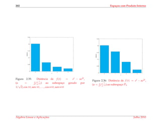 202 Espa¸cos com Produto Interno
0 1 2 3
0
0.05
0.1
0.15
0.2
0.25
n
distância
Figura 2.35: Distˆancia de f (t) = et − αe2t,
(α = e−e−1
e2−e−2 ) ao subespac¸o gerado por
1/
√
2, cos πt, sen πt, . . . , cos nπt, sen nπt
0 1 2 3
0
0.05
0.1
0.15
0.2
0.25
n
distância
Figura 2.36: Distˆancia de f (t) = et − αe2t,
(α = e−e−1
e2−e−2 ) ao subespac¸o Pn
´Algebra Linear e Aplicac¸ ˜oes Julho 2010
 