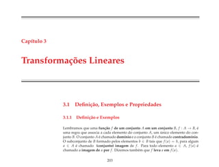 Cap´ıtulo 3
Transforma¸c˜oes Lineares
3.1 Deﬁni¸c˜ao, Exemplos e Propriedades
3.1.1 Deﬁni¸c˜ao e Exemplos
Lembramos que uma fun¸c˜ao f de um conjunto A em um conjunto B, f : A → B, ´e
uma regra que associa a cada elemento do conjunto A, um ´unico elemento do con-
junto B. O conjunto A ´e chamado dom´ınio e o conjunto B ´e chamado contradom´ınio.
O subconjunto de B formado pelos elementos b ∈ B tais que f (a) = b, para algum
a ∈ A ´e chamado (conjunto) imagem de f. Para todo elemento a ∈ A, f (a) ´e
chamado a imagem de a por f. Dizemos tamb´em que f leva a em f (a).
203
 