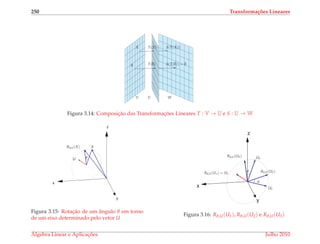 250 Transforma¸c˜oes Lineares
X T(X) S(T(X))
S(T(¯0)) = ¯0¯0 T(¯0)
V WU
Figura 3.14: Composic¸˜ao das Transformac¸ ˜oes Lineares T : V → U e S : U → W
y
z
x
Rθ,U (X) X
θU
Figura 3.15: Rotac¸˜ao de um ˆangulo θ em torno
de um eixo determinado pelo vetor U
y
z
x
Rθ,U (U3)
Rθ,U (U2)
U2
θ
U3
θRθ,U (U1) = U1
Figura 3.16: Rθ,U(U1), Rθ,U(U2) e Rθ,U(U3)
´Algebra Linear e Aplicac¸ ˜oes Julho 2010
 
