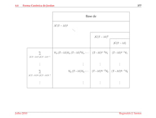 4.4 Forma Canˆonica de Jordan 377
Base de
N (T − λI)q
...
N (T − λI)2
N (T − λI)
V1
∈
V1, (T−λI)V1, (T−λI)2V1, · · · (T−λI)q−2V1 (T−λI)q−1V1
N (T−λI)q
N (T−λI)q−1
...
...
...
...
Vk
∈
Vk, (T−λI)Vk, · · · (T−λI)qk−2Vk (T−λI)qk−1Vk
N (T−λI)qk N (T−λI)qk−1
...
...
...
...
Julho 2010 Reginaldo J. Santos
 