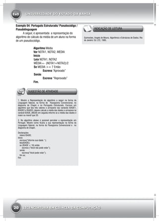 EaD
20 LICENCIATURA EM CIÊNCIA DA COMPUTAÇÃO
UNIVERSIDADE DO ESTADO DA BAHIA
Exemplo 04: Português Estruturado/ Pseudocódigo /
Pseudolinguagem
	 A seguir, é apresentada a representação do
algoritmo de cálculo da média de um aluno na forma
de um pseudocódigo.
Algoritmo Média
Var NOTA1, NOTA2, MEDIA
Início
	Leia NOTA1, NOTA2
	MÉDIA ← (NOTA1+NOTA2)/2
	Se MEDIA >= 7 Então
		 Escreva “Aprovado”
	Senão
		 Escreva “Reprovado”
Fim.
SUGESTÃO DE ATIVIDADE
1. Mostre a Representação do algoritmo a seguir na forma da
Linguagem Natural, na forma de Fluxograma Convencional, no
diagrama de Chapin e no Português Estruturado. Escreva um
algoritmo que leia três valores e armazene nas variáveis IDADE1,
IDADE2 e IDADE3, depois calcule a média das idades e armazene na
variável IDADE_MEDIA em seguida informe se a média das idades é
maior ou menor que 20.
2. No algoritmo abaixo é possível perceber a representação em
Portugol. Mostre como ficaria a sua representação na forma da
Linguagem Natural, na forma do Fluxograma Convencional e no
diagrama de Chapin.
Declarações
   inteiro IDADE;
Inicio
   escreva(“Informe sua idade: “);
   leia(IDADE);
   se (IDADE < 16) então
       escreva (“Você não pode votar”);
   senão
       escreva(“Você pode votar”);
   fim se;
Fim
INDICAÇÃO DE LEITURA
Guimarães, Angelo de Moura. Algoritmos e Estruturas de Dados. Rio
de Janeiro: Ed. LTC, 1985.
 
