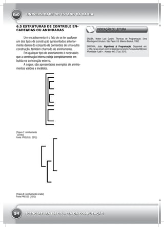 EaD
54 LICENCIATURA EM CIÊNCIA DA COMPUTAÇÃO
UNIVERSIDADE DO ESTADO DA BAHIA
6.5 ESTRUTURAS DE CONTROLE EN-
CADEADAS OU ANINHADAS
	 Um encadeamento é o fato de se ter qualquer
um dos tipos de construção apresentados anterior-
mente dentro do conjunto de comandos de uma outra
construção, também chamado de aninhamento.
	 Em qualquer tipo de aninhamento é necessário
que a construção interna esteja completamente em-
butida na construção externa.
	 A seguir, são apresentados exemplos de aninha-
mentos válidos e inválidos.
[Figura 7: Aninhamento
correto]
Fonte: PREUSS ( 2012)
[Figura 8: Aninhamento errado]
Fonte:PREUSS (2012)
INDICAÇÃO DE LEITURA
SALIBA, Walter Luís Caram. Técnicas de Programação: Uma
Abordagem Estrutura. São Paulo: Ed. Makron Booksl, 1992.
SANTANA, João. Algoritmos & Programação. Disponível em:
<http://www.iesam.com.br/paginas/cursos/ec/1ano/aulas/08/joao/
APunidade-1.pdf>. Acesso em: 27 jul. 2010.
 