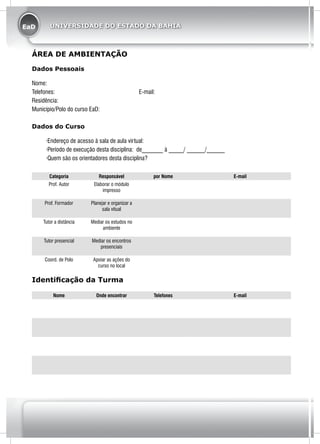 EaD UNIVERSIDADE DO ESTADO DA BAHIA
ÁREA DE AMBIENTAÇÃO
Dados Pessoais
Nome:
Telefones: E-mail:
Residência:
Município/Polo do curso EaD:
Dados do Curso
	 ·Endereço de acesso à sala de aula virtual:
	 ·Período de execução desta disciplina: de_______ à _____/ ______/______
	 ·Quem são os orientadores desta disciplina?
Categoria Responsável por Nome E-mail
Prof. Autor Elaborar o módulo
impresso
Prof. Formador Planejar e organizar a
sala vitual
Tutor a distância Mediar os estudos no
ambiente
Tutor presencial Mediar os encontros
presenciais
Coord. de Polo Apoiar as ações do
curso no local
Identificação da Turma
Nome Onde encontrar Telefones E-mail
 
