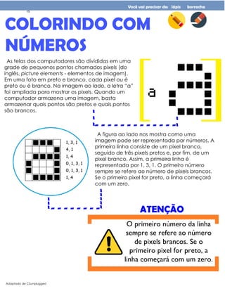 As telas dos computadores são divididas em uma
grade de pequenos pontos chamados pixels (do
inglês, picture elements - elementos de imagem).
Em uma foto em preto e branco, cada pixel ou é
preto ou é branco. Na imagem ao lado, a letra “a”
foi ampliada para mostrar os pixels. Quando um
computador armazena uma imagem, basta
armazenar quais pontos são pretos e quais pontos
são brancos.
COLORINDO COM
NÚMEROS
Adaptado de CSunplugged
Você vai precisar de: lápis borracha
A figura ao lado nos mostra como uma
imagem pode ser representada por números. A
primeira linha consiste de um pixel branco,
seguido de três pixels pretos e, por fim, de um
pixel branco. Assim, a primeira linha é
representada por 1, 3, 1. O primeiro número
sempre se refere ao número de pixels brancos.
Se o primeiro pixel for preto, a linha começará
com um zero.
- - - - - - - - - - - - -
-
-
-
-
-
---
- - - - - - - -
-----
O primeiro número da linha
sempre se refere ao número
de pixels brancos. Se o
primeiro pixel for preto, a
linha começará com um zero.
ATENÇÃO
15
 